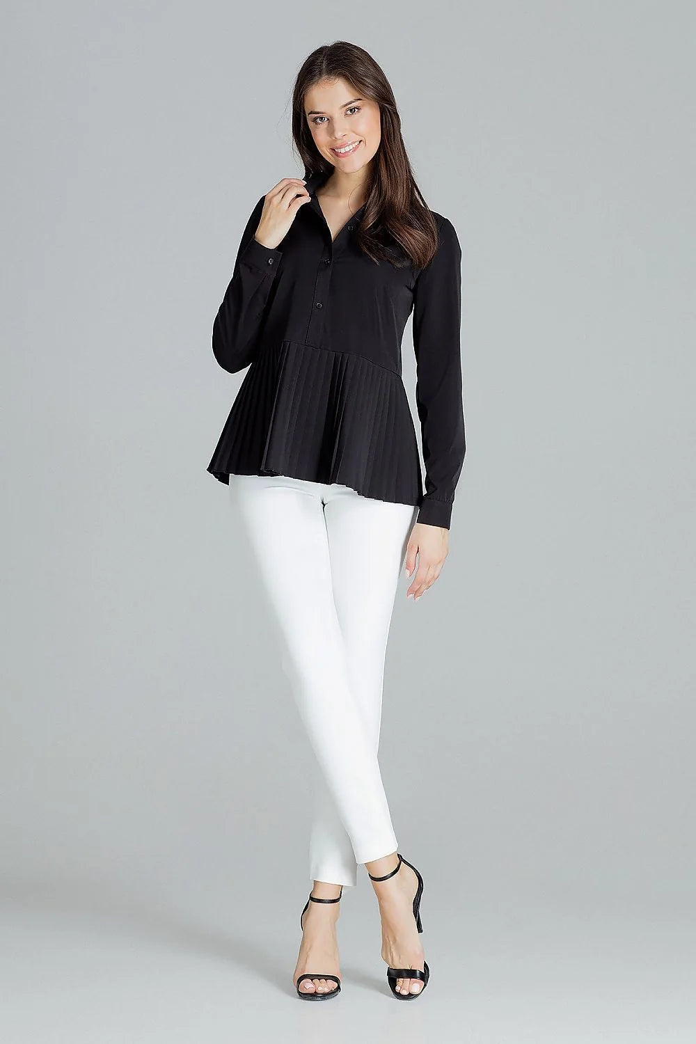 Chemisier noir en polyester élégant manches longues plissé ajusté pour femme moderne et chic