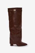 bottes élégantes simili cuir tige repliée talon colonne haute bout pointu doublure fourrure synthétique fermeture glissière semelle plantaire isolante