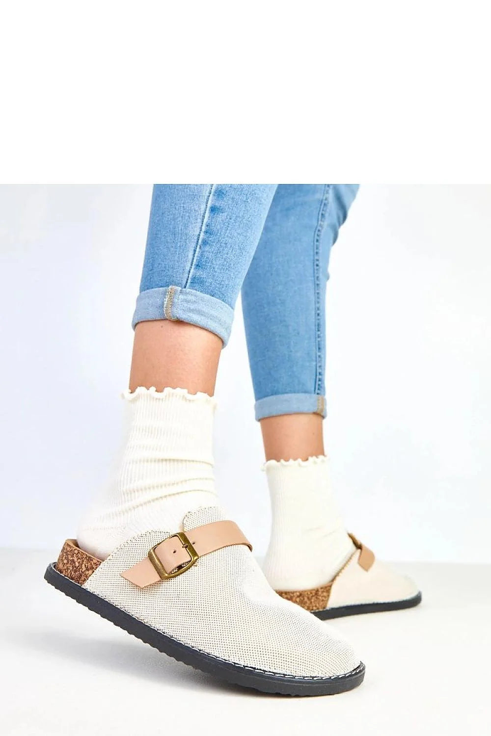pantoufles mules femme crème toile bout rond bride réglable cuir camel boucle laiton talon liège semelle caoutchouc noire plateforme rehaussée