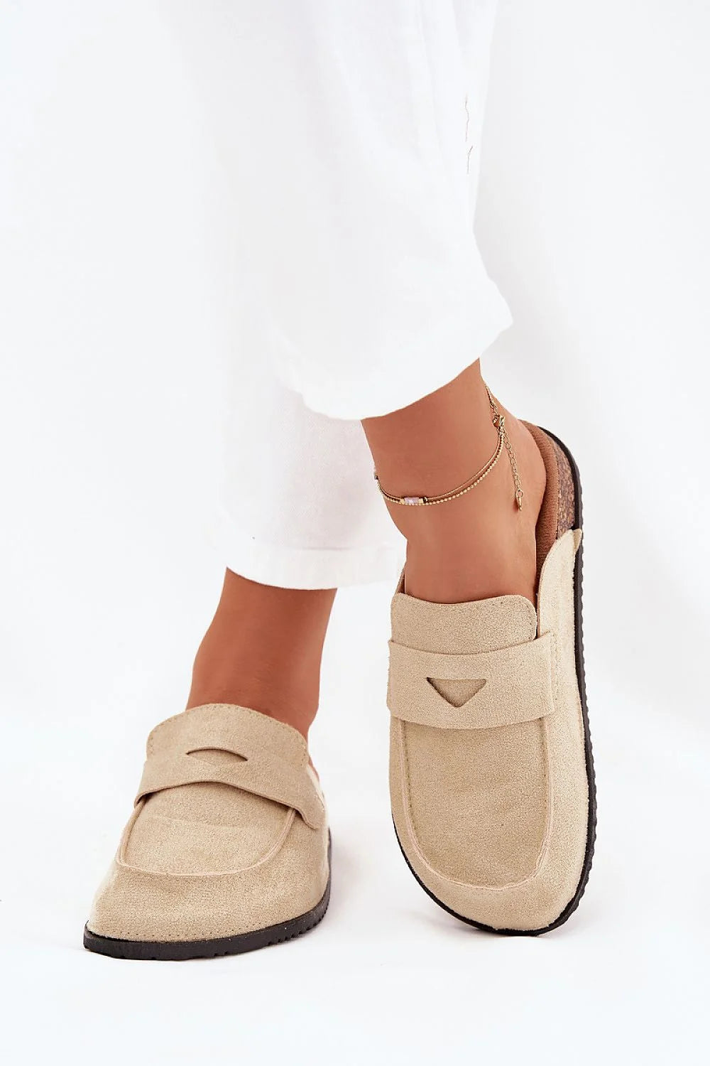 mules suédine écologique femme backless loafer beige bout rond bride penny plateforme liège 3cm semelle crantée noire confortable