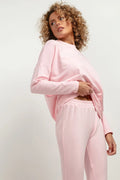 Ensemble casual femme rose pastel coton polyester coupe décontractée taille élastique manches longues haut plissé pantalon assorti