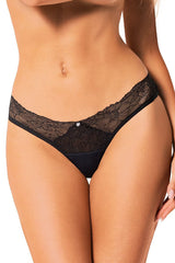 String dentelle noire floral échancré hanches taille basse confort polyamide élasthanne microfibre opaque festonné strass métallique discret maintien