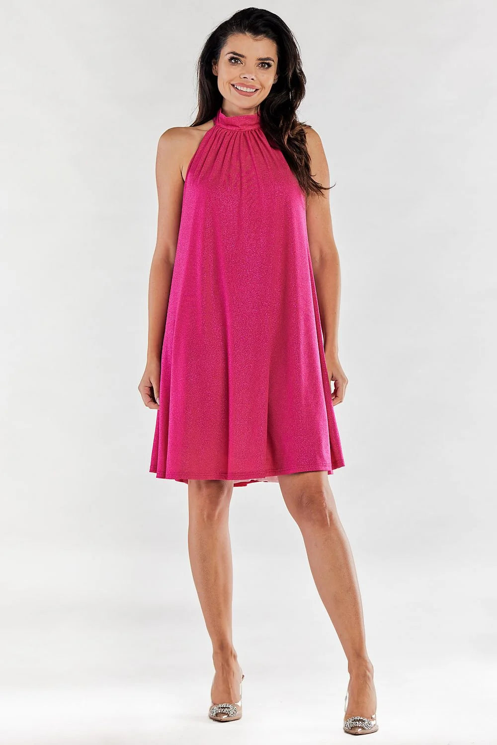robe soirée courte trapèze fluide fuchsia scintillant col montant plissé halter sans manches plis buste doublure élastique Pologne qualité