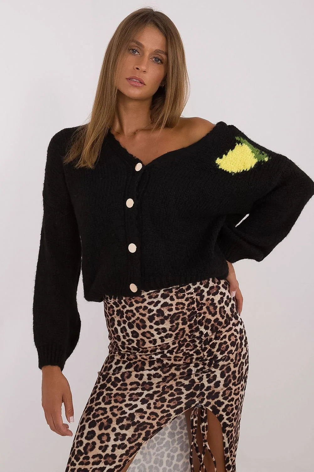 Cardigan femme style casual motif dos jaune vert manches longues col V noir Italy Moda