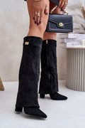 bottes hautes talons aiguille daim écologique noires bout pointu talon carré tige 40cm maintien confortable boucle dorée zip latéral femmes