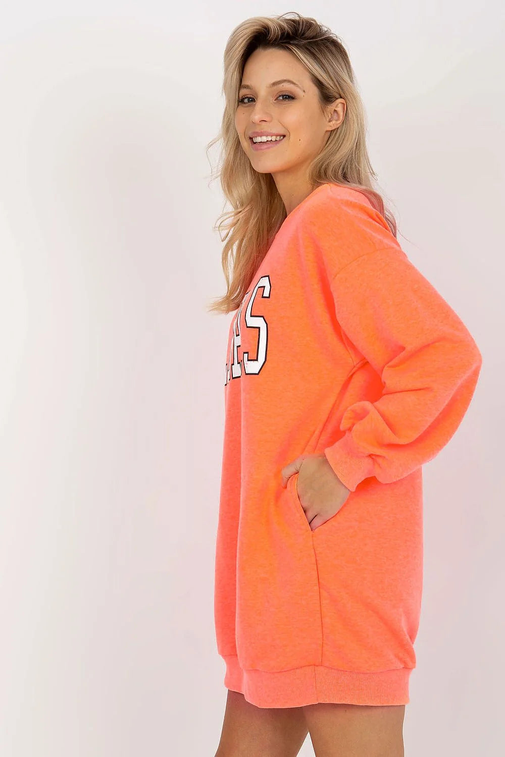 sweatshirt long femme oversize corail fluo molleton coton polyester doux col rond manches bouffantes poignets côtelés impression TEXAS