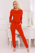 pyjama femme Mary deux pièces top manches longues encolure bateau volant pantalon jogging taille haute cordon poches maille jersey rouge