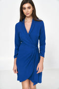 Robe de jour élégante moderne coupe portefeuille manches longues ceinture couleur bleu vif matière fluide femme