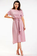Robe de jour élégante midi manches courtes ceinture à nouer viscose douce couleur rose poudrée femme