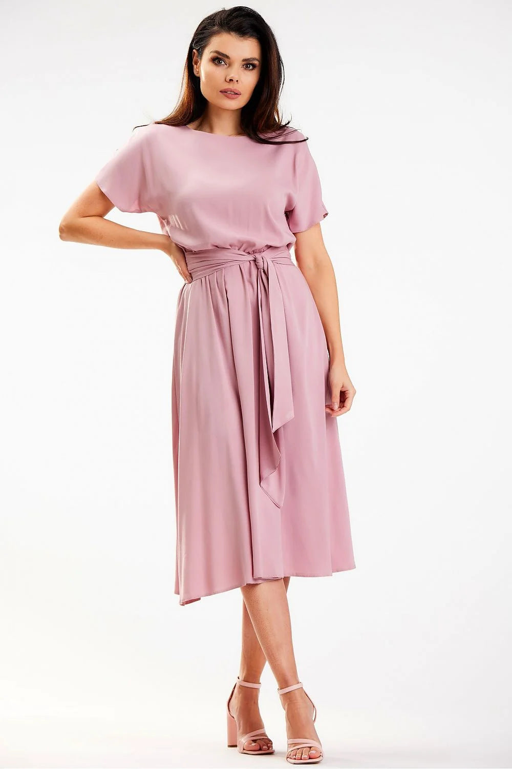 Robe de jour élégante midi manches courtes ceinture à nouer viscose douce couleur rose poudrée femme