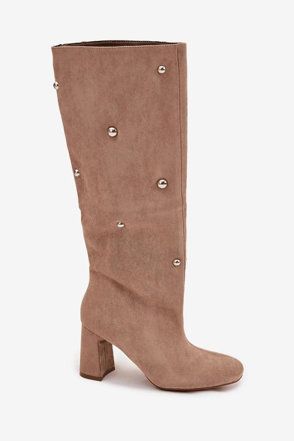 bottes hautes femme suédine écologique taupe talon bloc huit centimètres bout arrondi fourrure intérieure chaude clous métalliques argentés