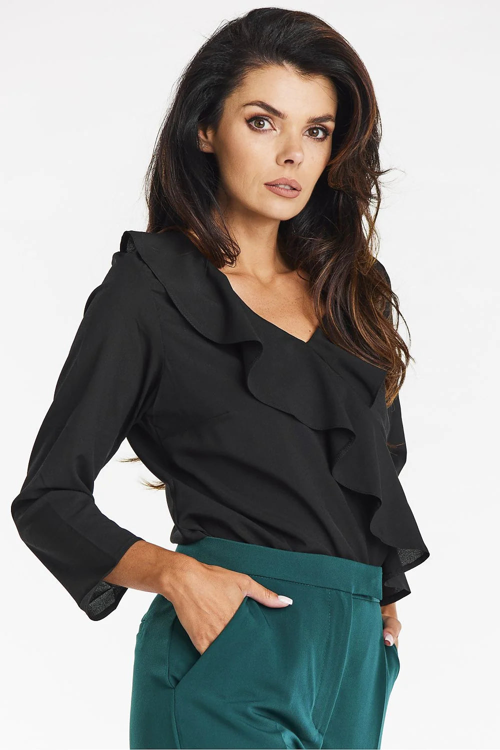 Awama chemisier élégant volants noir col V asymétrique manches trois quarts fluide ajustée hanches ceinture taille haute professionnel soirée