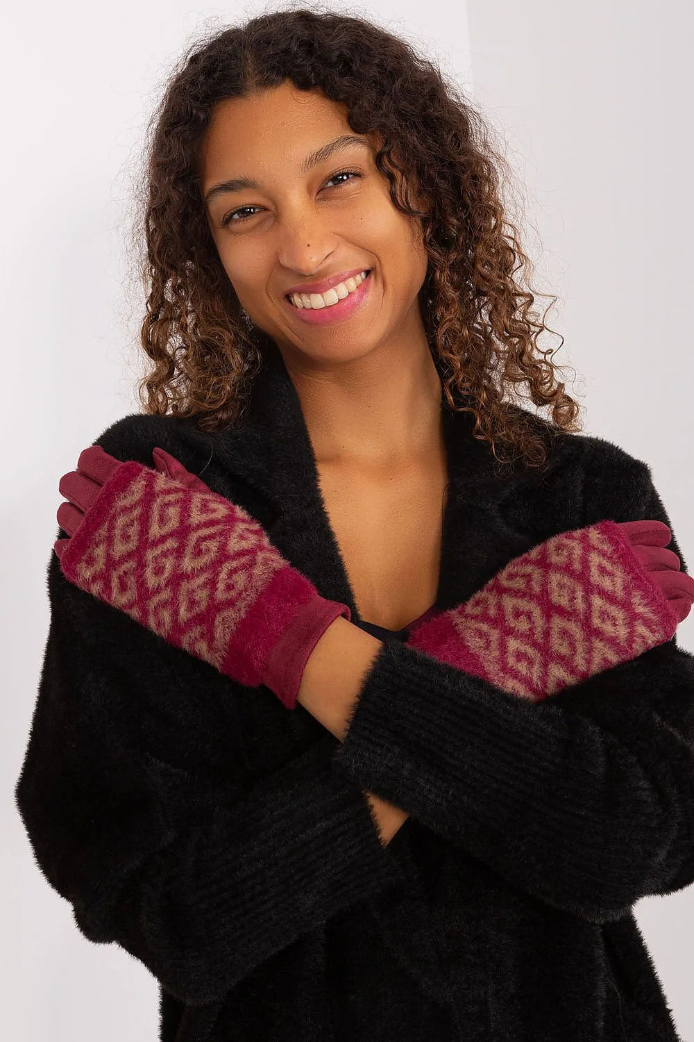 Gants femme élégants en coton laine polyester bordeaux motif jacquard