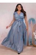 Robe de soirée élégante plus size tissu scintillant encolure V manches courtes ceinture ton sur ton femmes