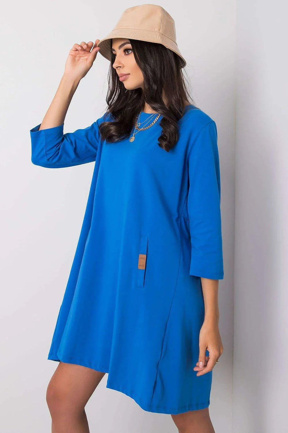 Robe ample verte coton moderne manches 3/4 poches latérales style décontracté mode féminine élégante