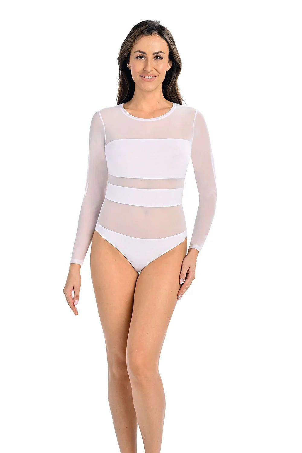Body féminin moderne en viscose opaque et transparente, manches longues, encolure ronde, blanc, ajusté,多用途