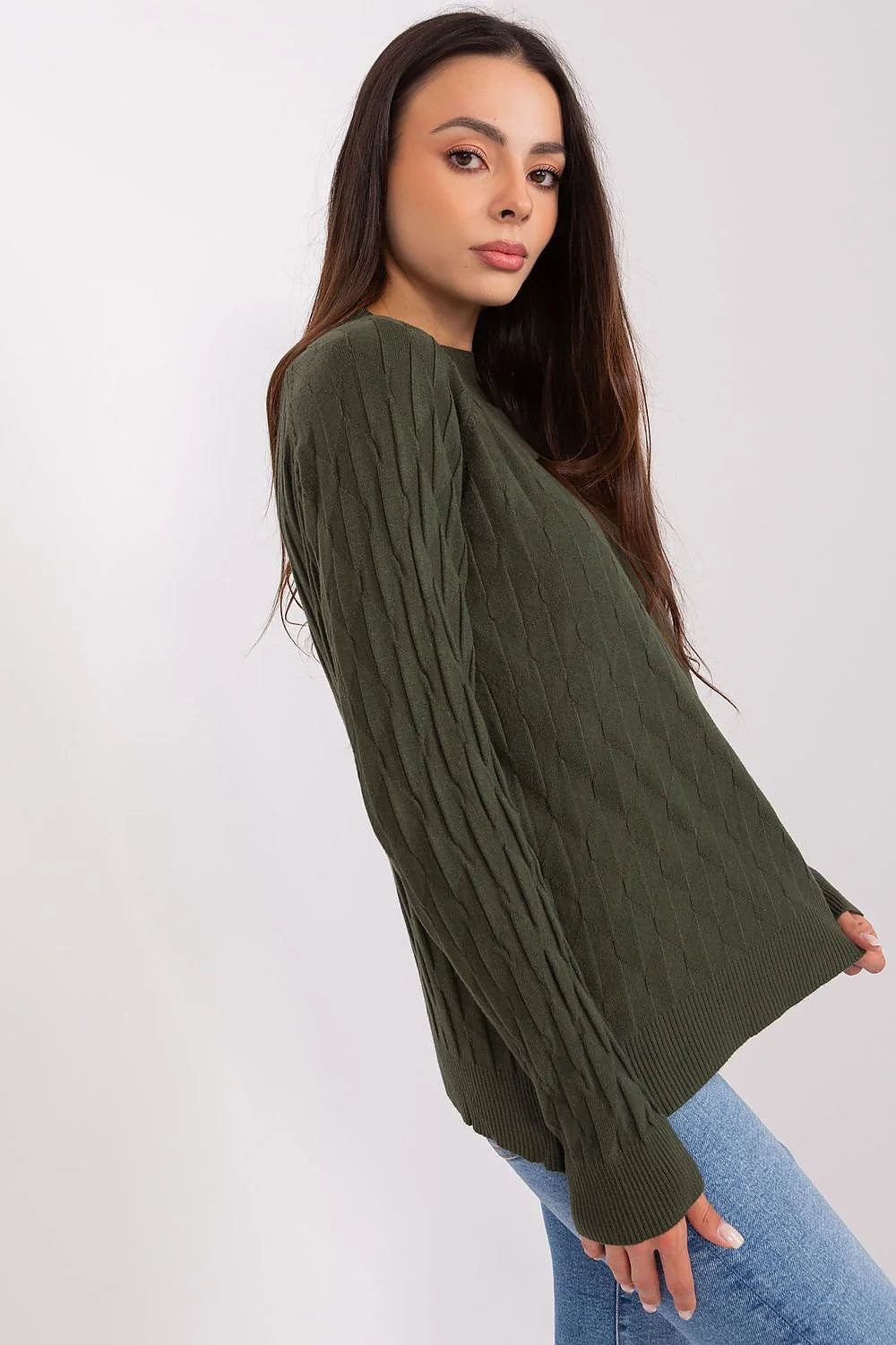 Pull femme élégant moderne design géométrique vert olive manches longues encolure ronde côtelé polyester confortable