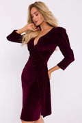 Robe de soirée élégante en velours bordeaux manches longues décolleté V ceinture ajustable pour femmes