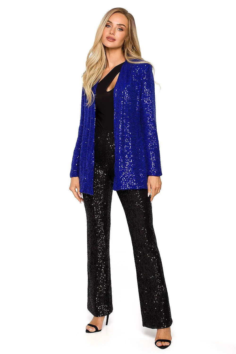 Veste de fête scintillante argentée longue élégante pour femme, style moderne chic coupe droite sequins brillants polyester 100 %