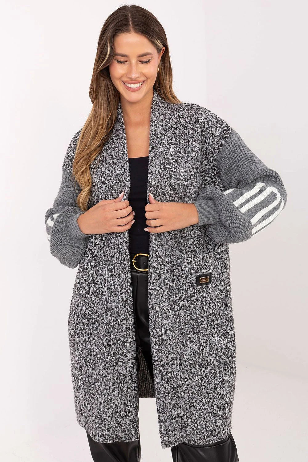 cardigan femme long genou manches bouffantes tricot boucle polyester doux léger poches intégrées sans fermeture veste décontractée unique