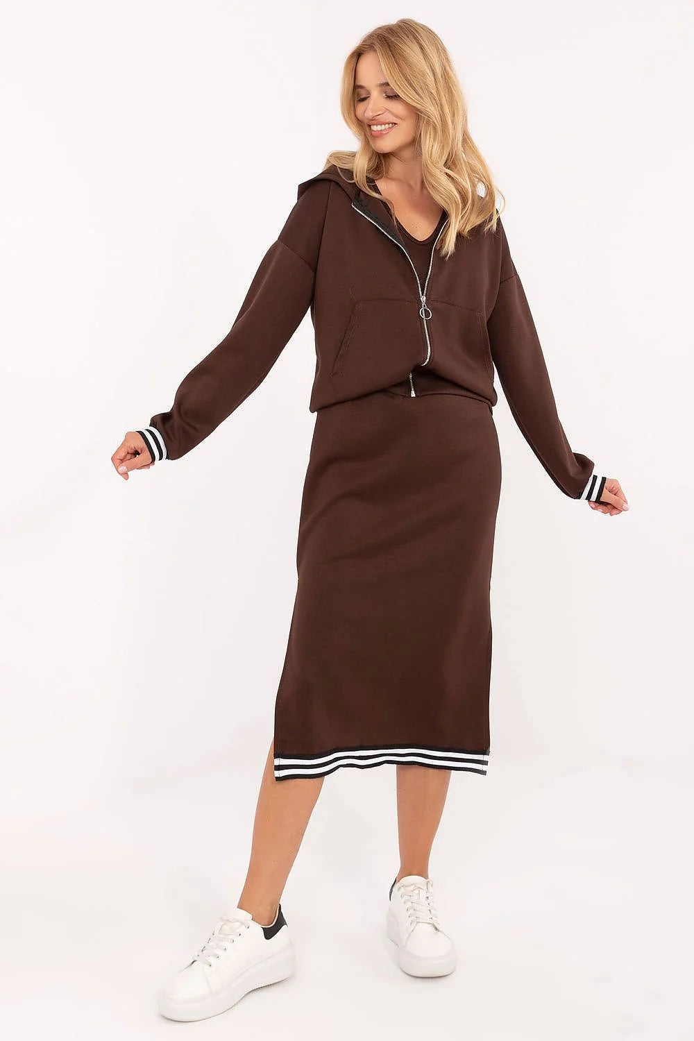 ensemble casual femme deux pieces molleton chocolat sweat capuche zippé oversize jupe midi droite douceur stretch viscose élasthanne sportswear