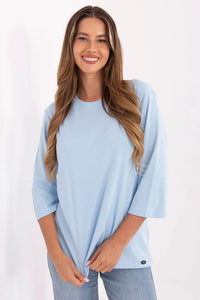 chemise femme oversize col rond manches tombantes coupe droite longueur mi hanche jersey coton élasthanne douce bleu pastel