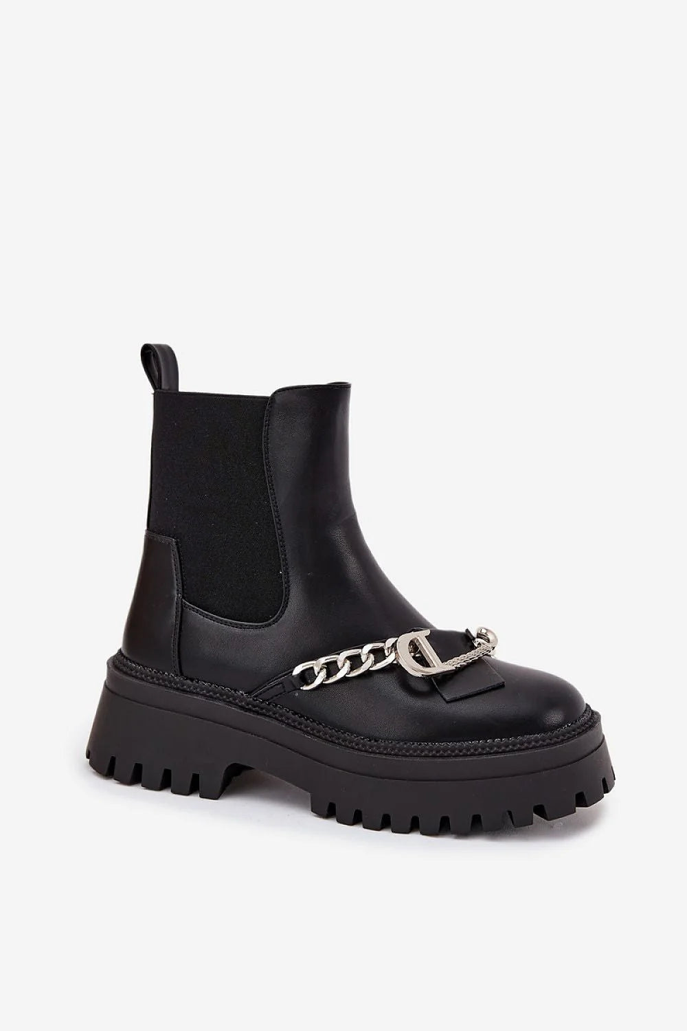 bottines femme cuir synthétique doublure fourrure plateforme semelle crantée talon moyen bout arrondi chaîne argentée boucle tige élastique fermeture éclair