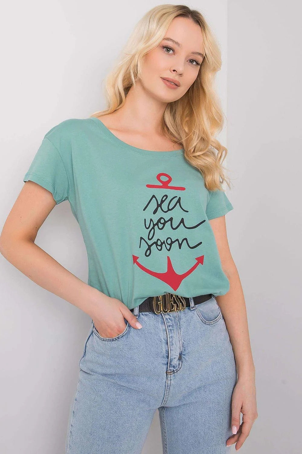 T-shirt pour femme design ancre 'sea you soon' vert menthe manches courtes col rond ajusté