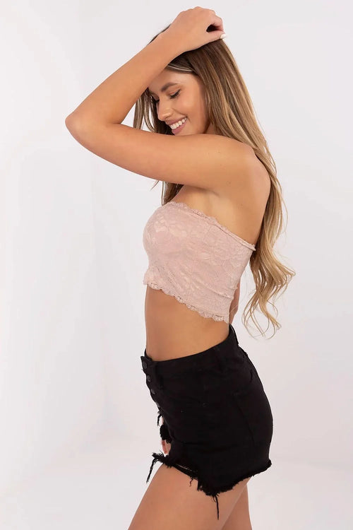 Bandeau féminin élégant sans bretelles en dentelle rose pâle doublure soft coupe ajustée motifs floraux ourlet festonné lingerie mode femme