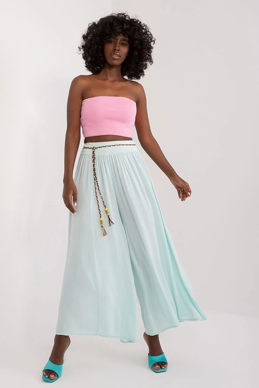 Pantalon femme Och Bella viscose taille haute jambes larges ceinture décorative à nouer style bohème chic femme