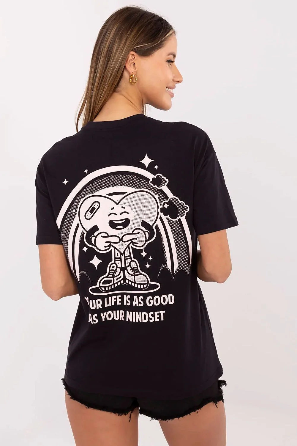 T-shirt femme Sublevel noir coton impression graphique YOUR LIFE IS AS GOOD AS YOUR MINDSET coupe droite col rond manches courtes style moderne polyvalent