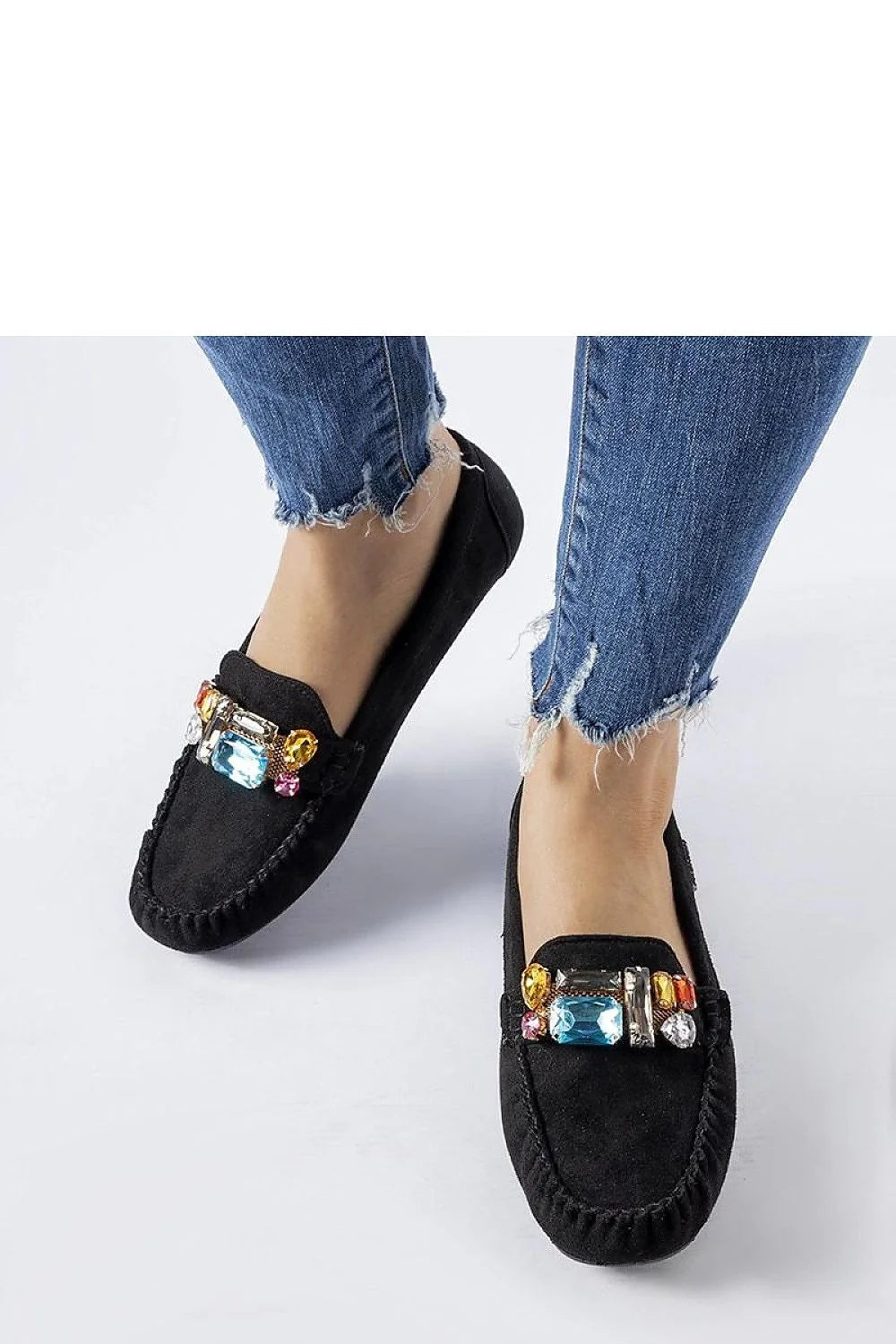 Mocassins noirs élégants pour femmes style classique moderne couleur unisexe daim doux finitions visibles pierres multicolores