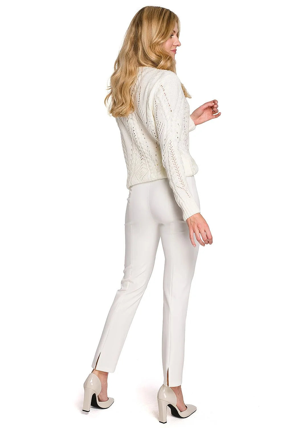 Pantalon femme Makover ajusté blanc maille ajourée pull col rond manches longues tailles hautes elasthanne polyester