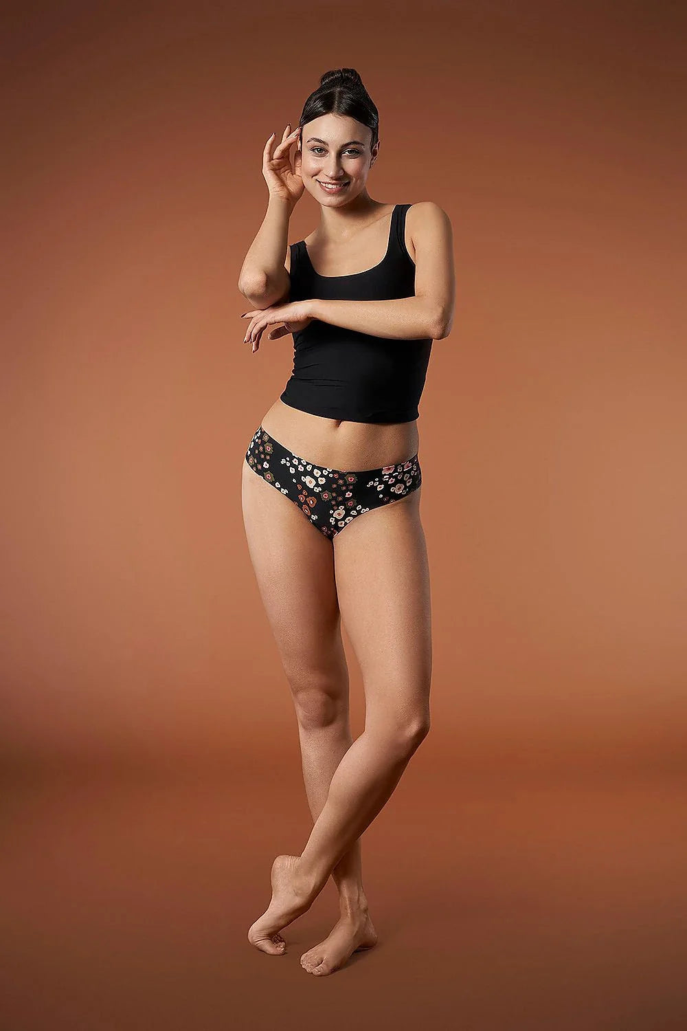 Ensemble de sous-vêtements féminin basique coton noir motif floral fleurs variées briefs élastiques taille ajustable femme