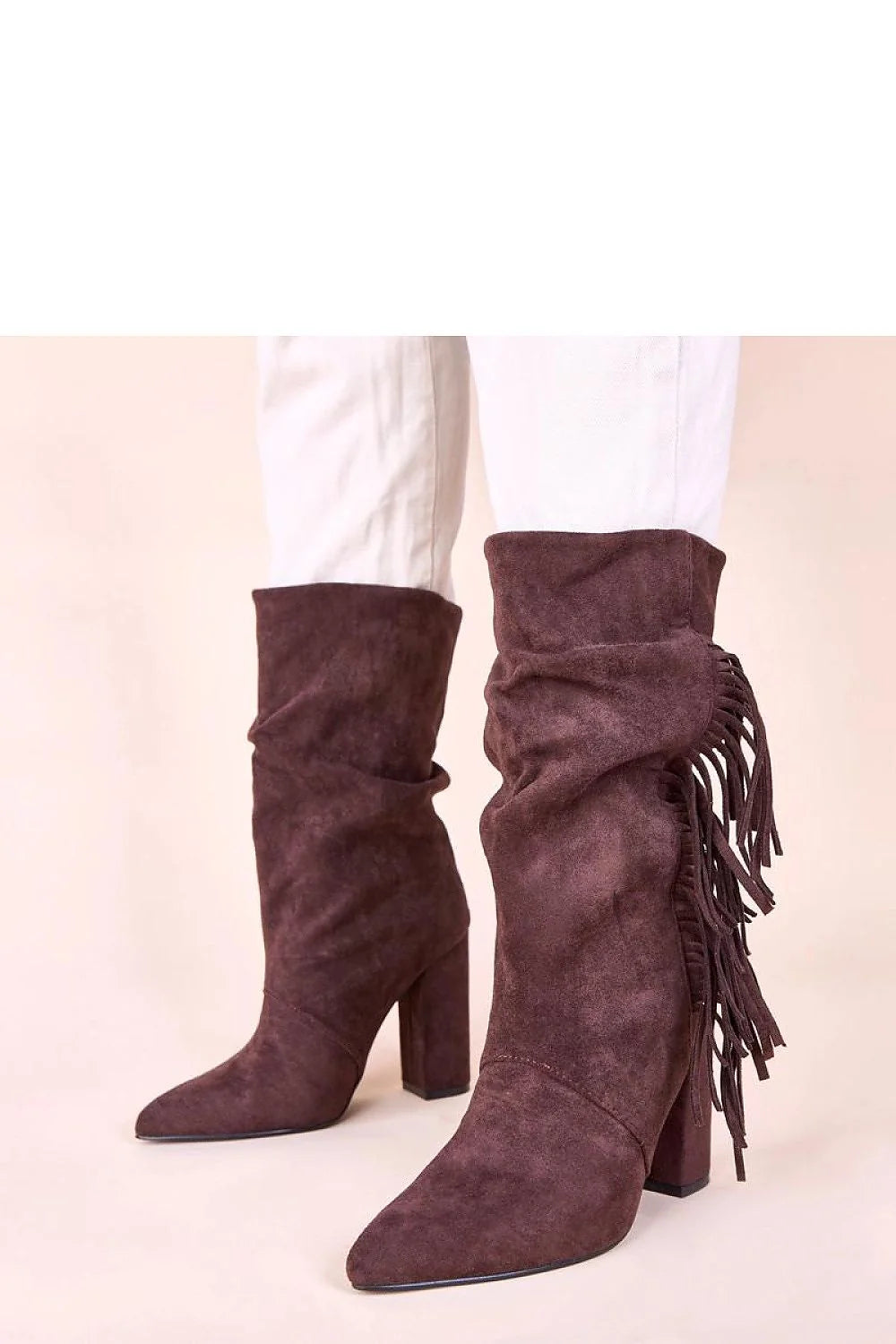 bottines femme daim marron chocolat mi mollet bout pointu talon bloc haut franges latérales western bohème chic confortable