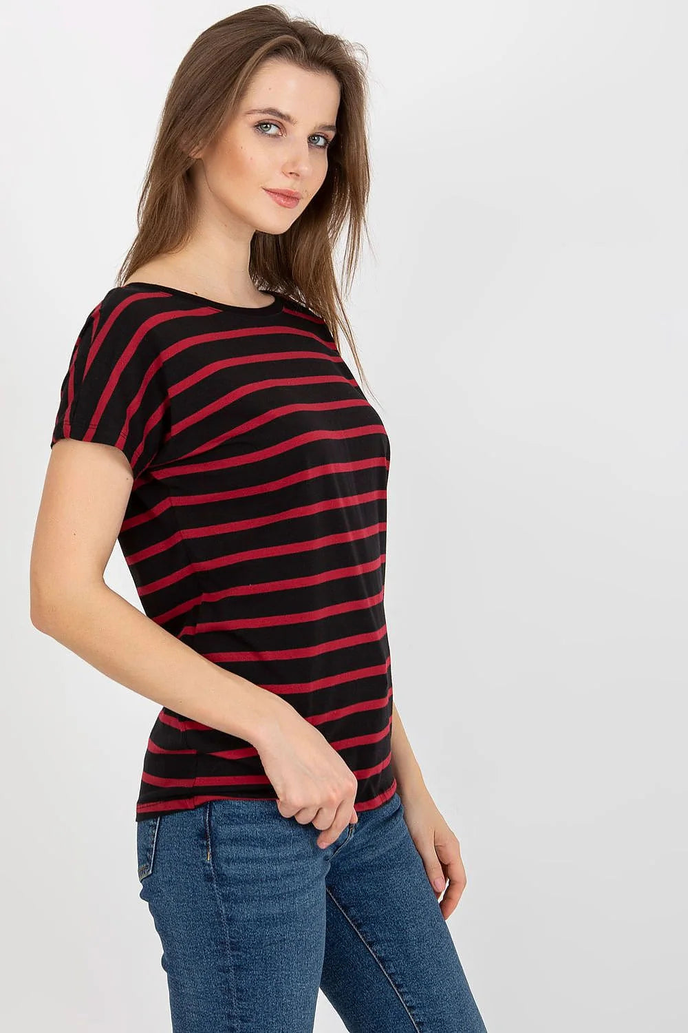 T-shirt femme décontracté polyvalent style moderne rayures horizontales coton elasthanne V-cut dos manches courtes