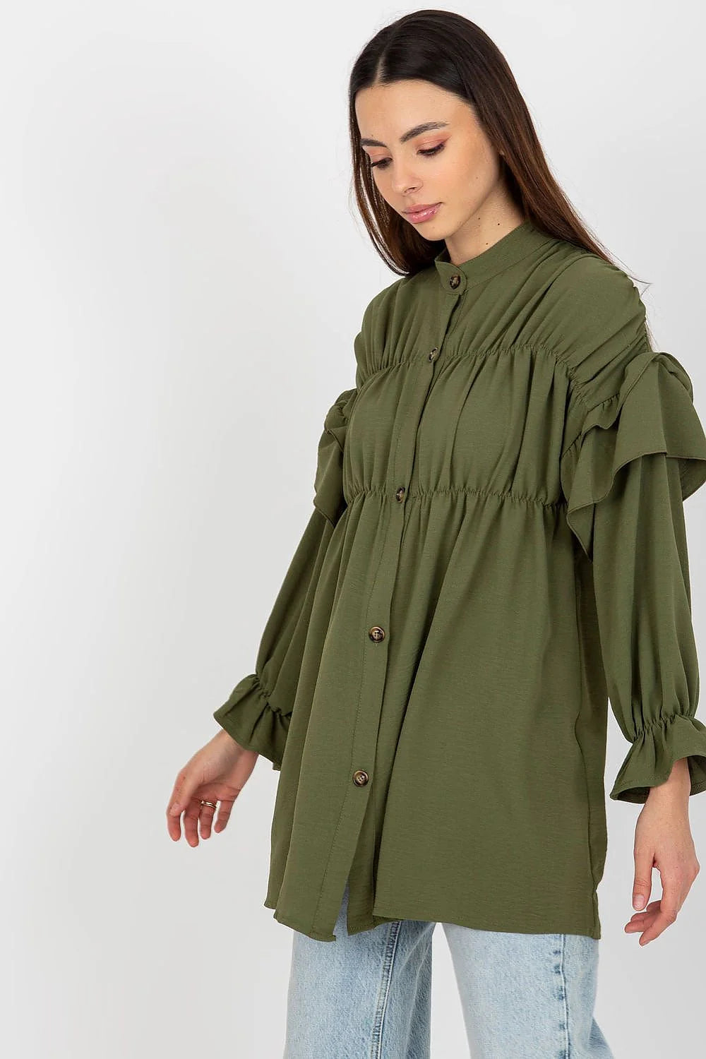 Chemise manche longue Och Bella pour femme, coupe ample, volants, Polyester 100%, élégante, moderne, occasions multiples