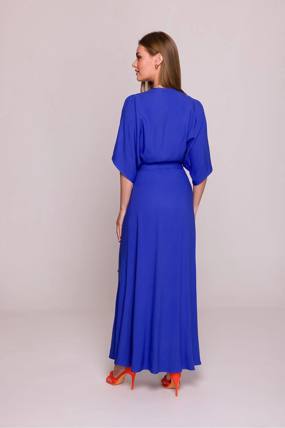 Robe de jour élégante longue manches 3/4 portefeuille bleu vif ceinture ajustable viscose douce femme polyvalente