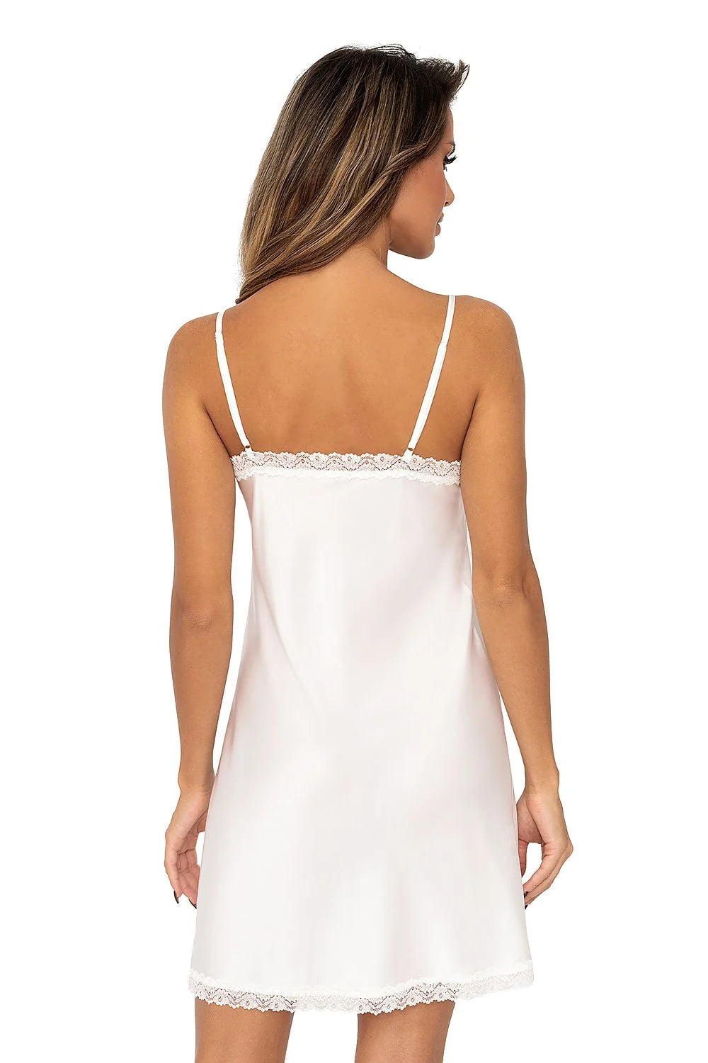 Chemise de nuit élégante en satin blanc, bretelles fines ajustables, encolure en V dentelle, coupe A, doux et confortable, taille ajustable pour femmes