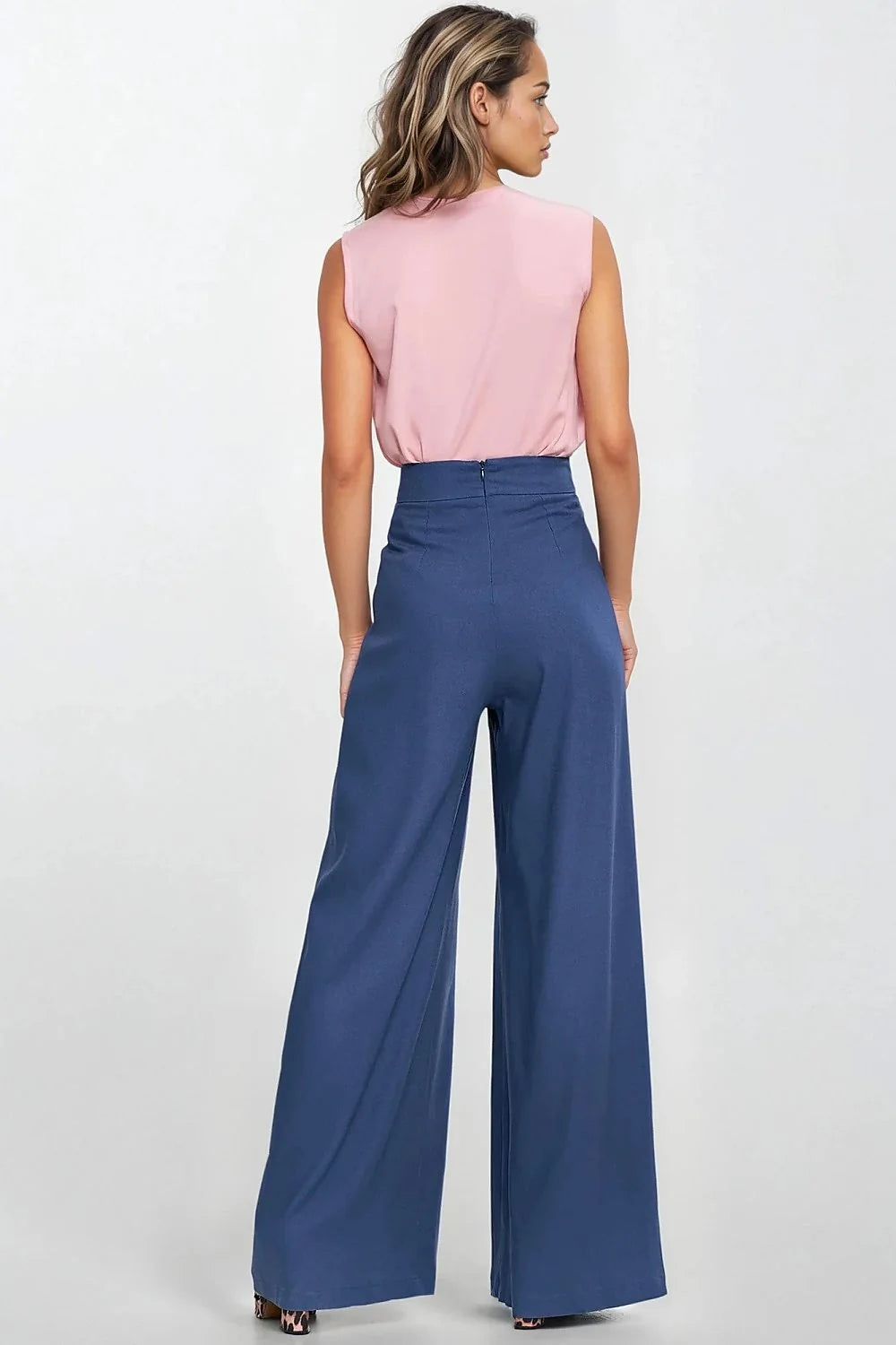 Pantalon femme long élégant coupe régulière taille haute jambes larges style moderne profesionnel soirée bleu profond