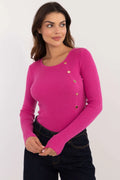 Pull pour femme en maille côtelée rose vif manches longues col rond boutons dorés décoratifs ajusté classe