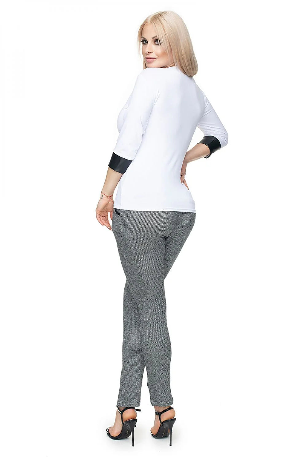 Chemisier Pee Ka Boo en coton élasthanne manches 3/4 cuir écologique poignets contrastants couleur rouge vif style élégant féminin femme mode