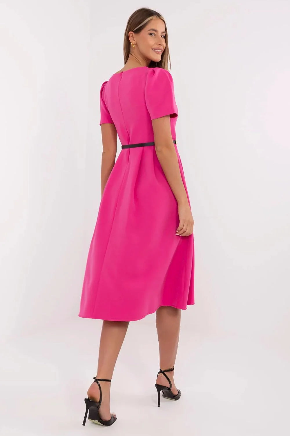 Robe de jour élégante Italie Mode femme coupe évasée manches courtes couleur rouge vif ceinture noire taille ajustable polyester élasthanne