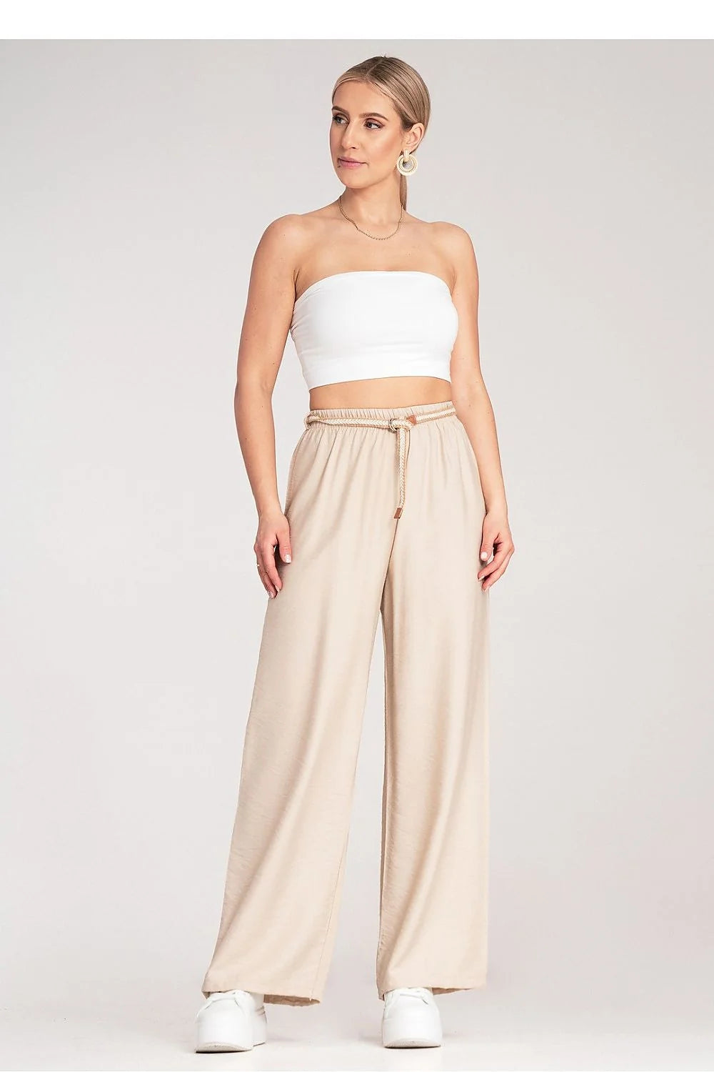 Pantalon femme viscose taille élastique bohème ceinture tressée couleur beige clair longueur pleine coupe large femme