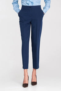 pantalon femme cigarette bleu marine taille mi haute cheville fuselé coupe ajustée plis pressés poches italiennes braguette bouton stretch élégant