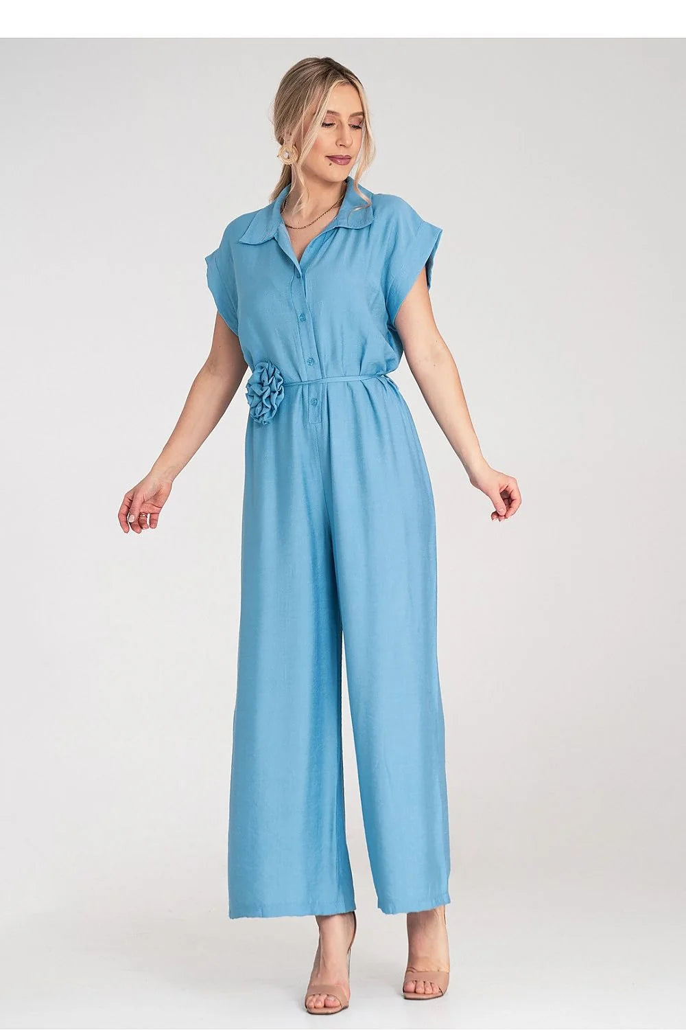Combinaison Figl élégante moderne femme couleur bleu uni ceinture fleur tissu léger manches courtes