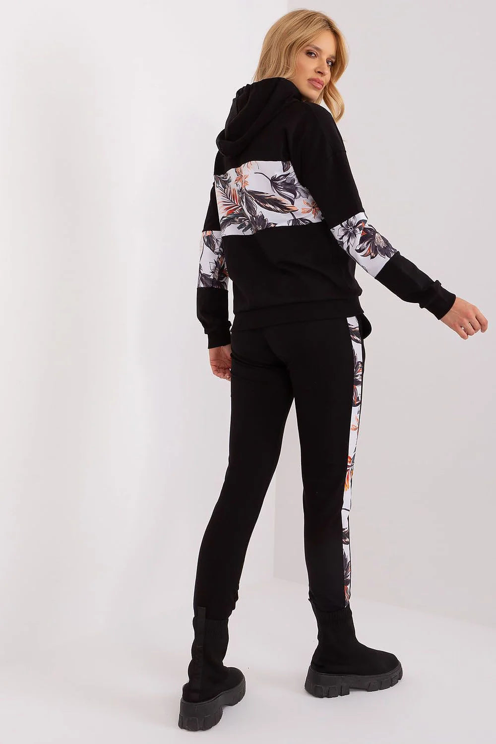 ensemble survêtements femme sweat capuche jogging slim noir imprimé floral multicolore molleton doux coton polyester confortable bande latérale côtelé