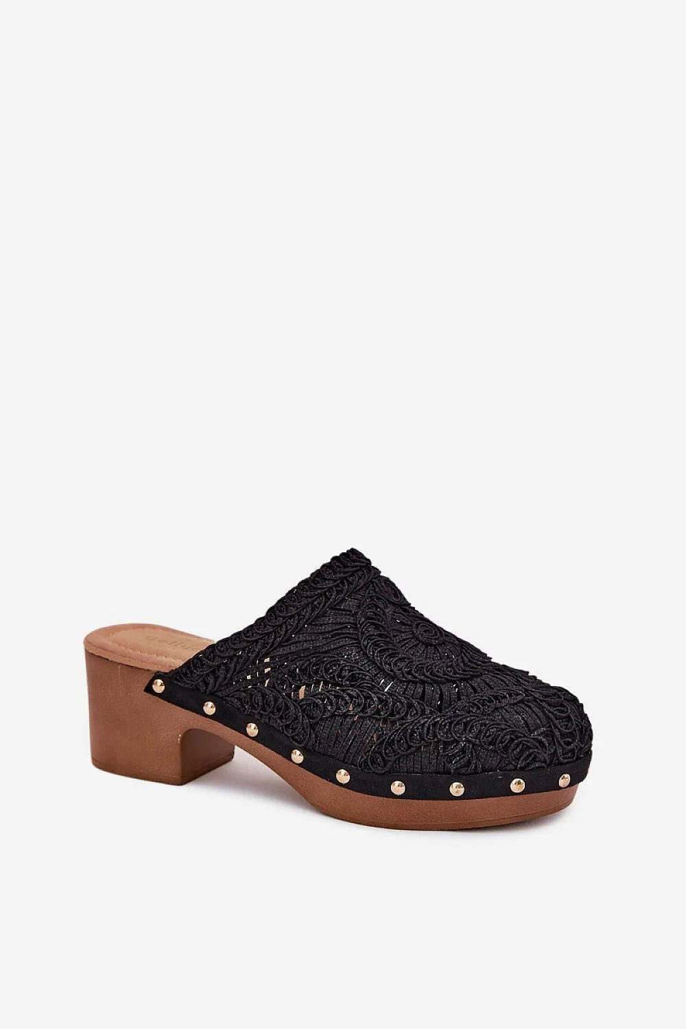 Mules femme style rétro bohème crochet noir talon carré semelle bois rivets dorés occasion été soir