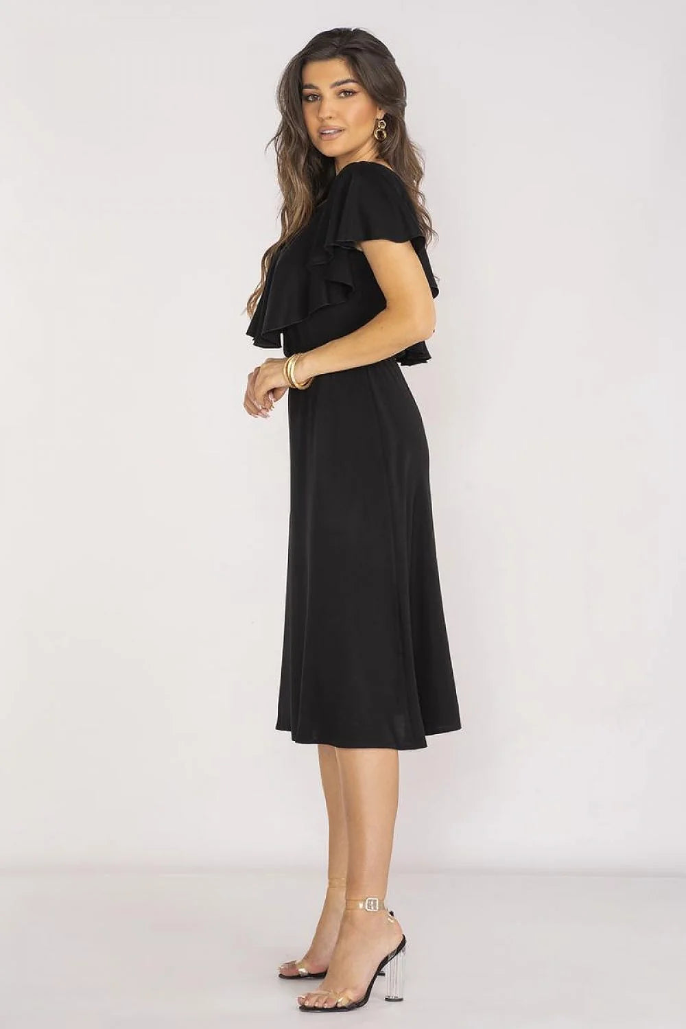 Robe midi élégante en viscose noire manches courtes col en cœur volant taille élastique pour femme occasionnels été soirée romantique