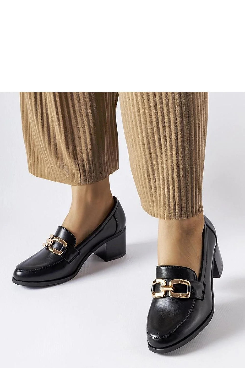 Moccasins élégants à bouts ronds en cuir synthétique noir et or doré, talons carrés, femmes, mode intemporelle